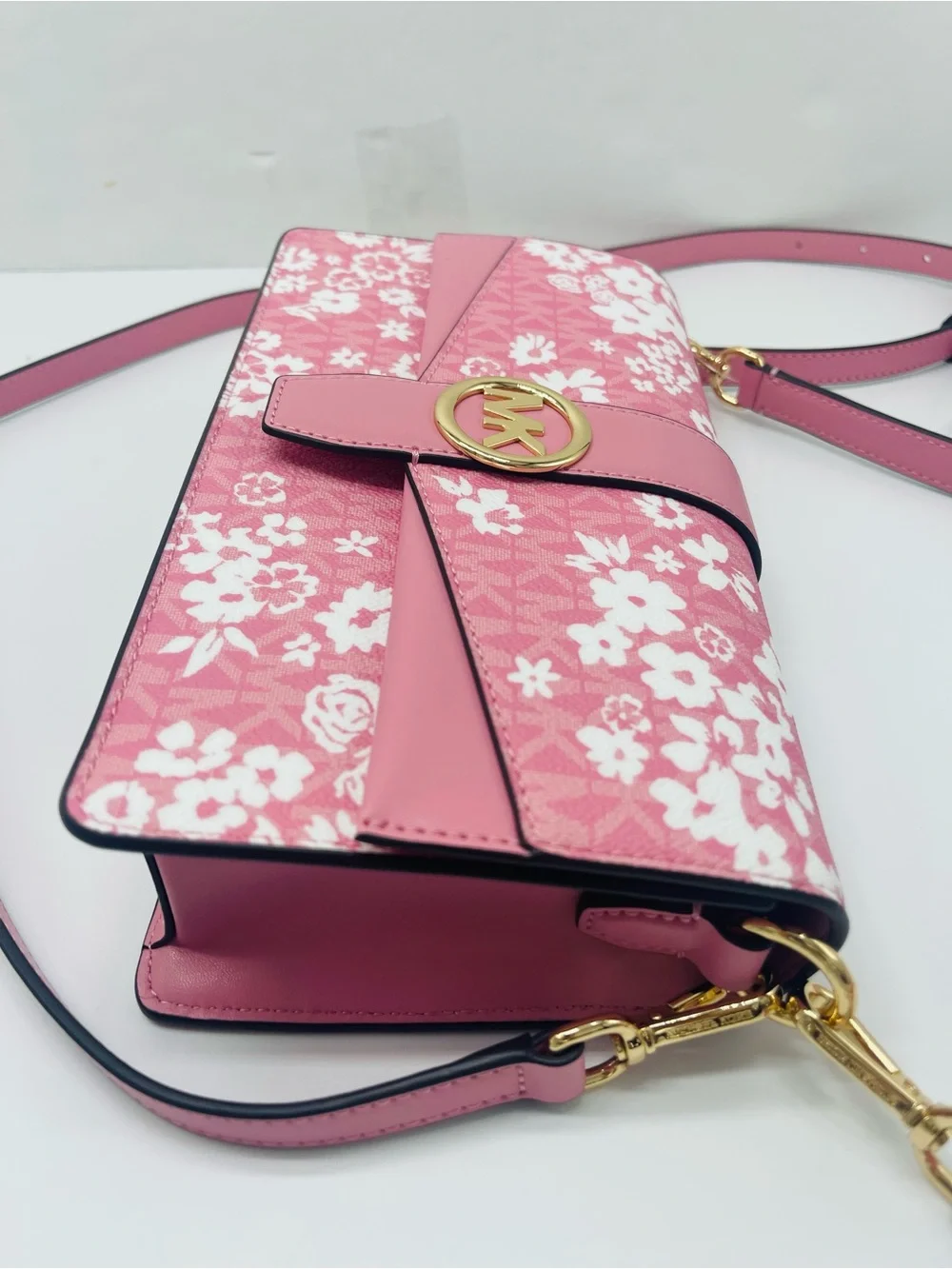 MICHAEL KORS Greenwich Md Printed MK Logo Convertible Shoulder Carnation  NWT